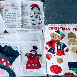 Christmas Fabric  3 Panels  Set with Snowman and Teddy Bear Staffs Cotton